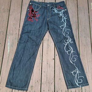 Vtg Y2K Imperious Delf Denim Jeans Men Embroidered Dragon Black 34x32